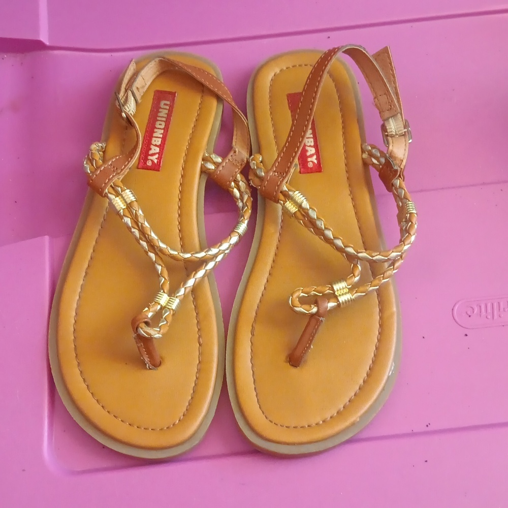 Brown and gold braided strap sandals